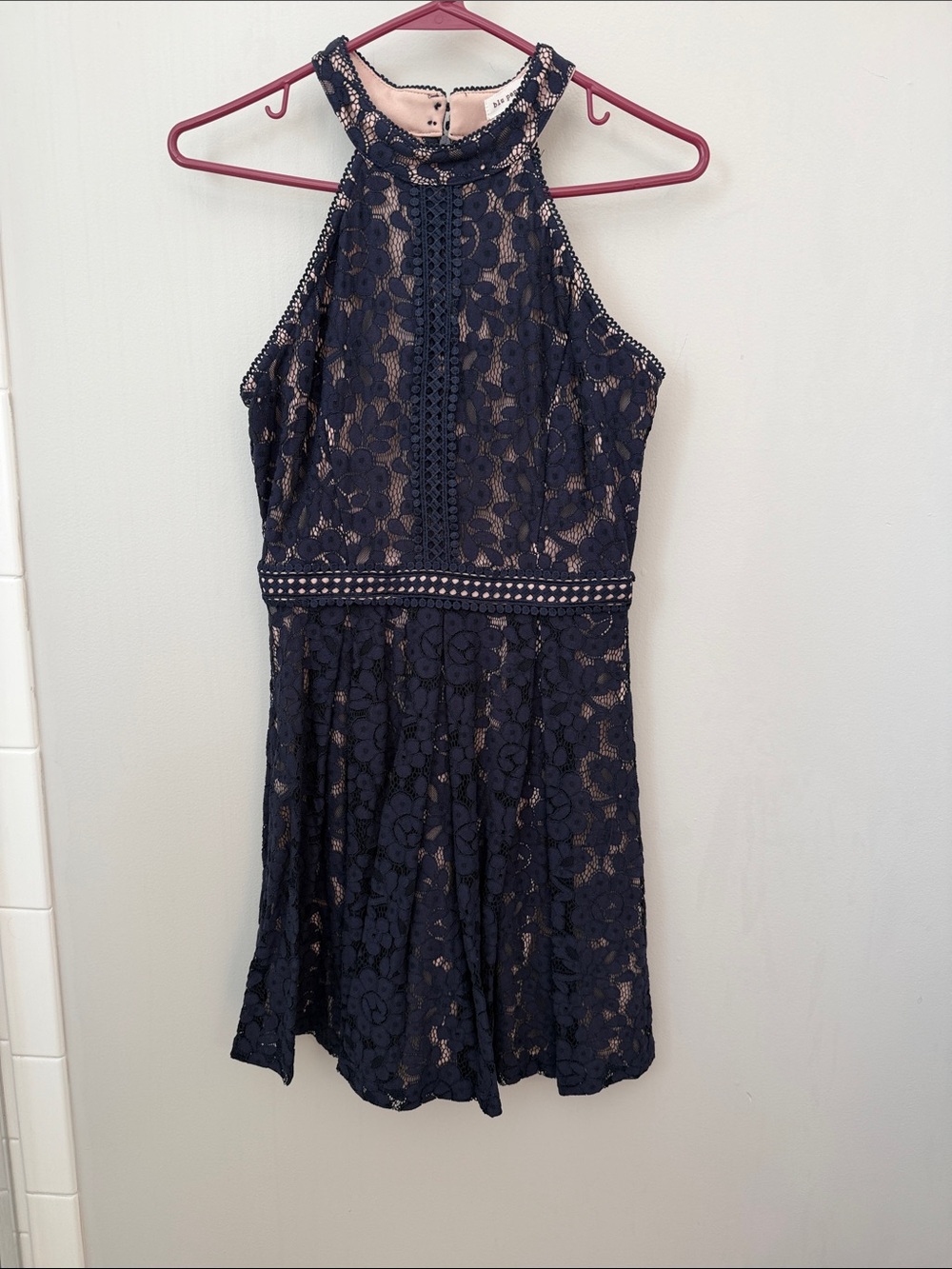 Blu Pepper Navy Lace Halter Mini with Nude Lining Accents